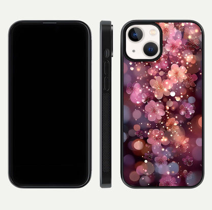 Glowing Petal Bliss Glass Case for iPhone 13 Mini front and back view layout displaying artistic floral design and curved glass