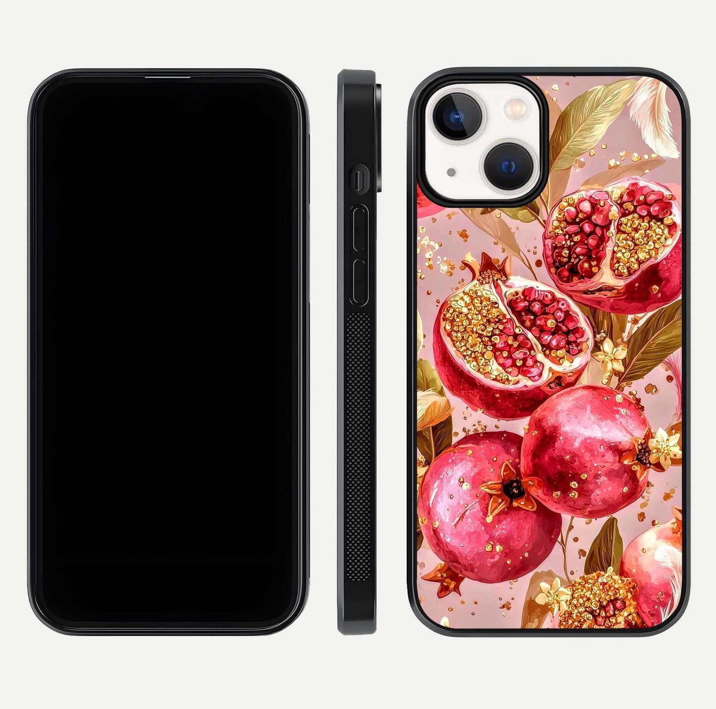 Golden Bloom Glow Glass Case for iPhone 13 Mini front and back view layout highlighting luxury floral pattern and curved edges