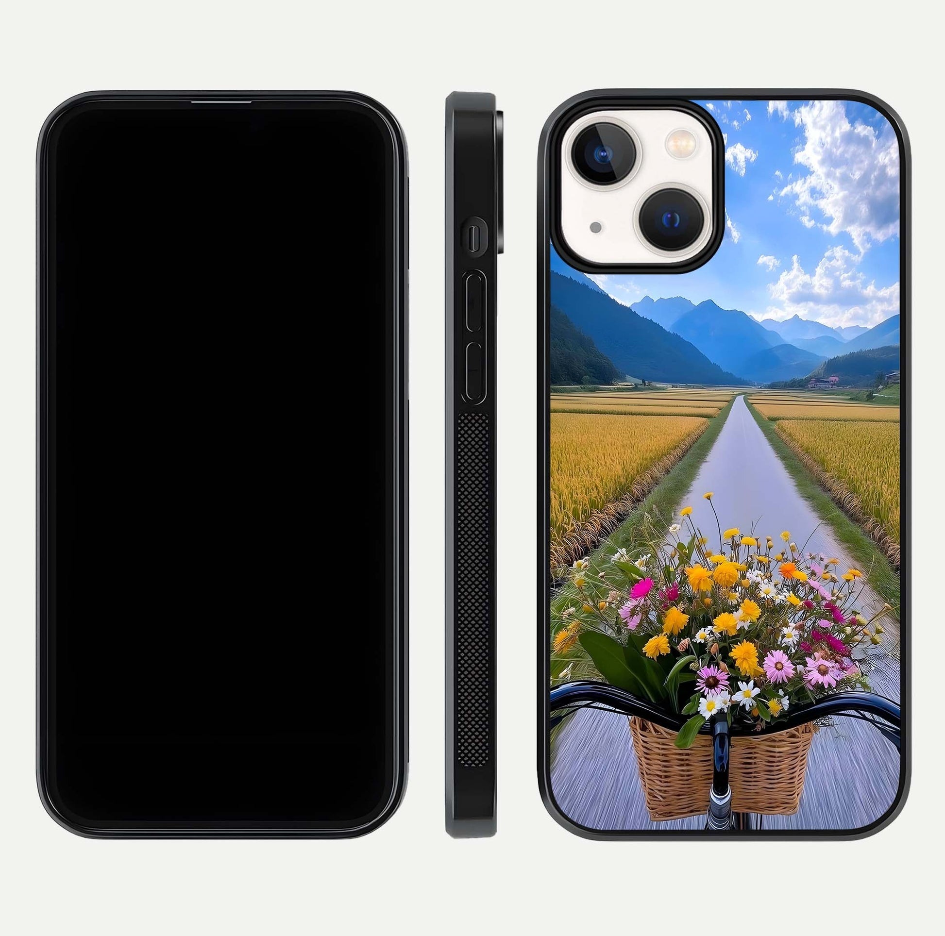 Golden Field Journey Glass Case for iPhone 13 Mini front and back view layout highlighting natural gradient and smooth glass finish