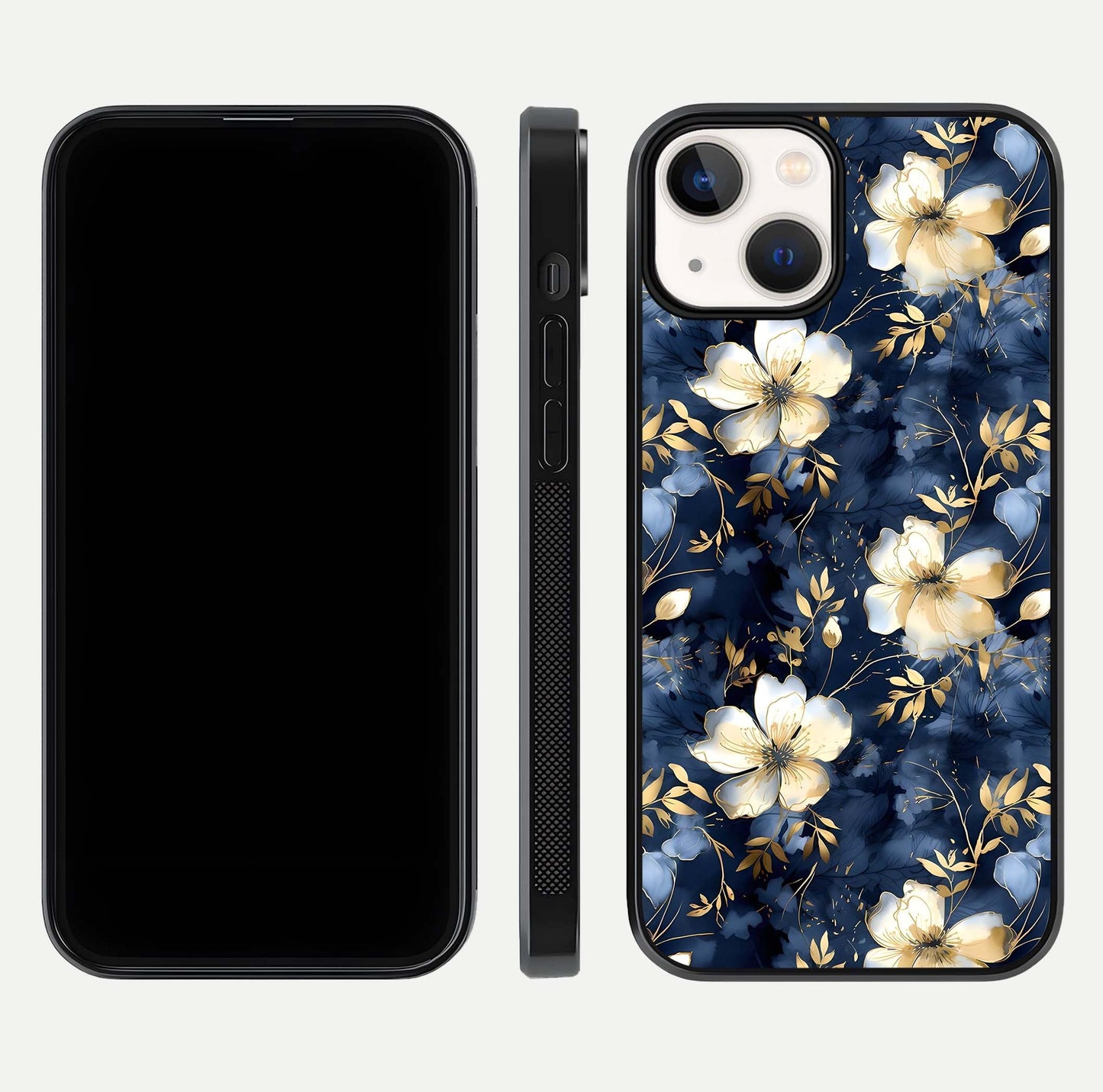 Golden Midnight Bloom Glass Case for iPhone 13 Mini front and back view layout highlighting dark-gold tones and smooth curves