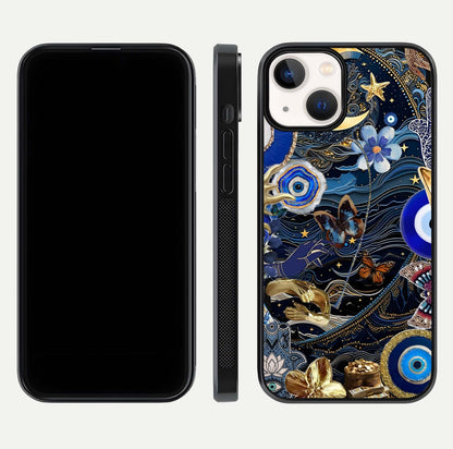 Golden Moon Magic Glass Case for iPhone 13 Mini front and back view layout highlighting celestial tones and curved glass