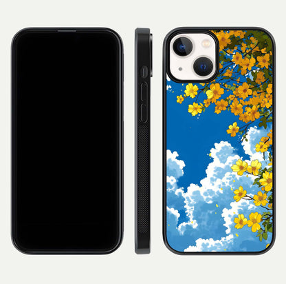 Golden Petal Sky Glass Case for iPhone 13 Mini front and back view layout highlighting floral pattern and curved glass edges