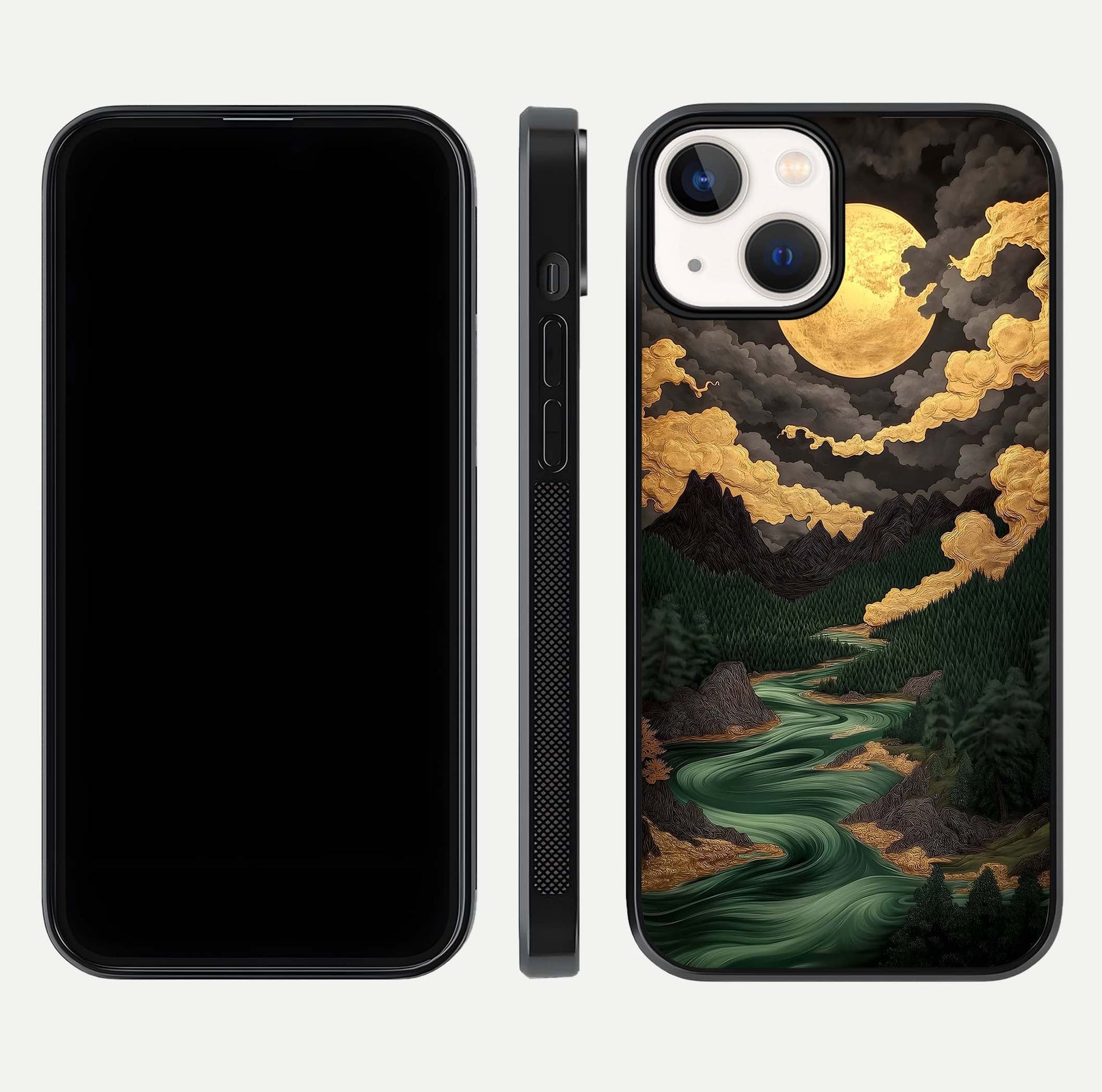 Golden River Moon Glass Case for iPhone 13 Mini front and back view layout displaying celestial glow and smooth curves