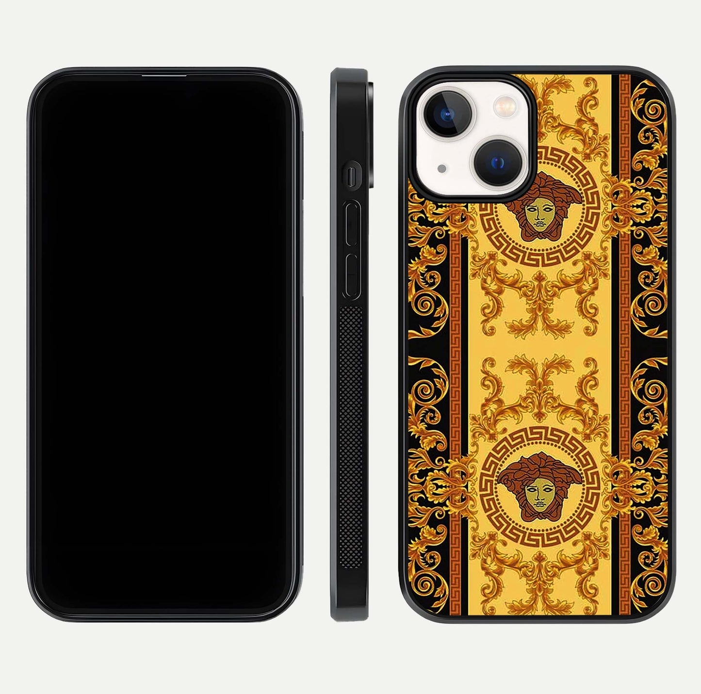 Golden Royal Heritage Glass Case for iPhone 13 Mini front and back view layout displaying ornate gold texture and curved edges
