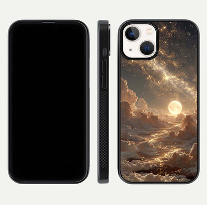 Golden Sky Dream Glass Case for iPhone 13 Mini front and back view layout highlighting celestial gold hues and curved glass