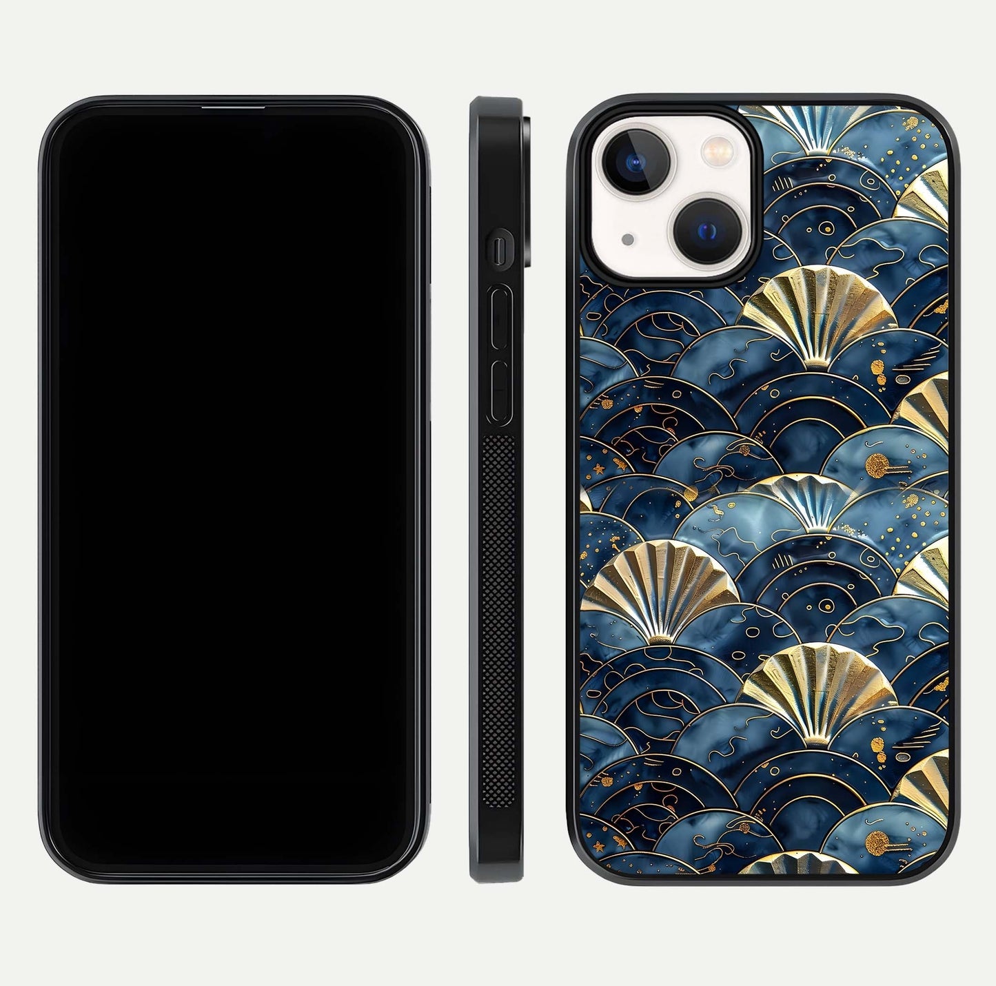 Golden Wave Luxe Glass Case for iPhone 13 Mini front and back view layout highlighting fluid gold design and curved glass