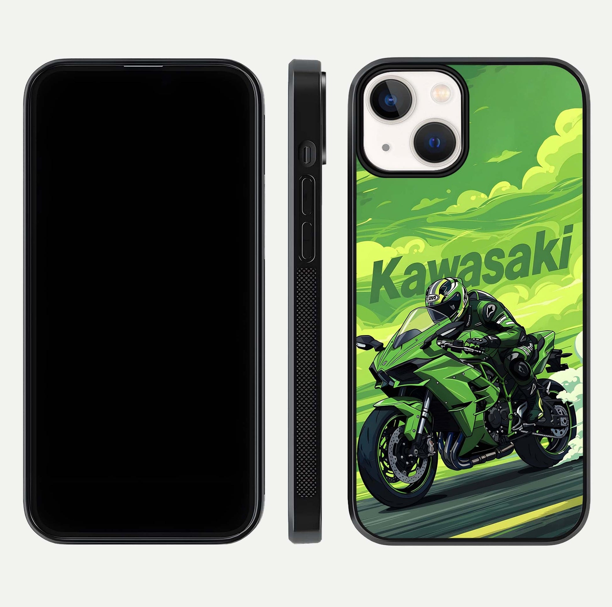 Green Kawasaki Glass Case for iPhone 13 Mini front and back view layout highlighting vivid green tones and curved glass edges