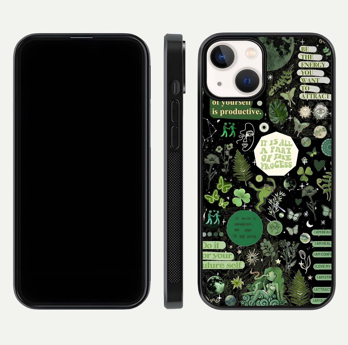 Green Moon Energy Glass Case for iPhone 13 Mini front and back view layout highlighting cosmic tones and smooth edges