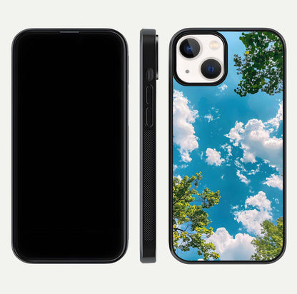 Greenery Sky Glass Case for iPhone 13 Mini front and back view layout displaying scenic green-blue gradient and curved edges