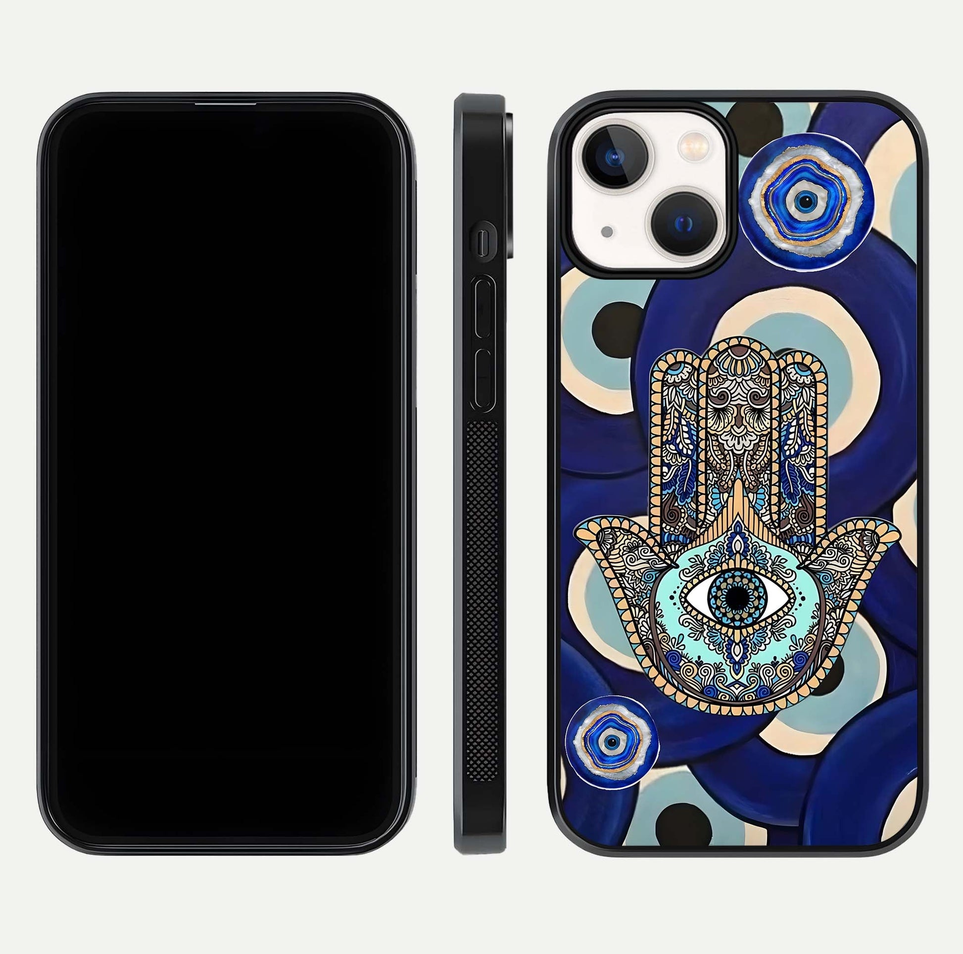 Hamsa Divine Guard Glass Case for iPhone 13 Mini front and back view layout highlighting spiritual artwork and smooth edges