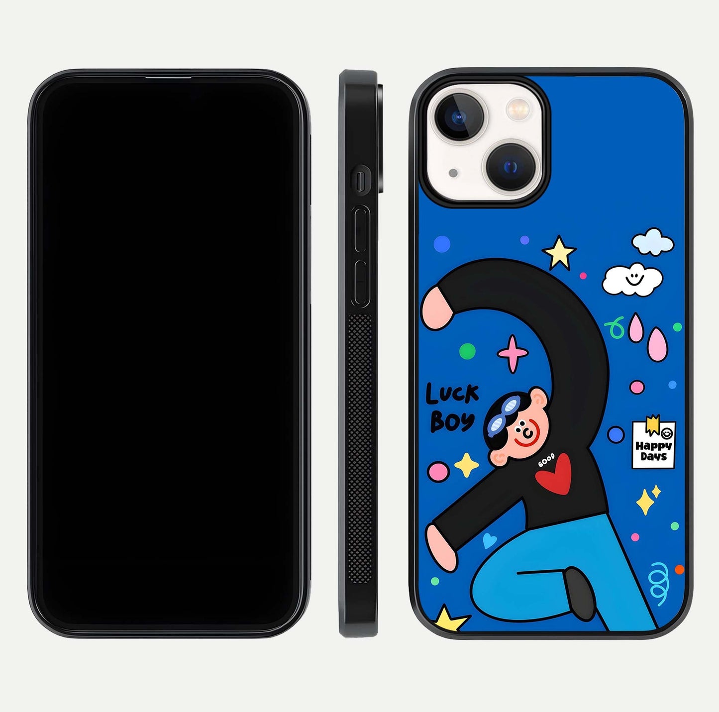 Happy Luck Vibe Glass Case for iPhone 13 Mini front and back view layout highlighting positive motif and curved edges
