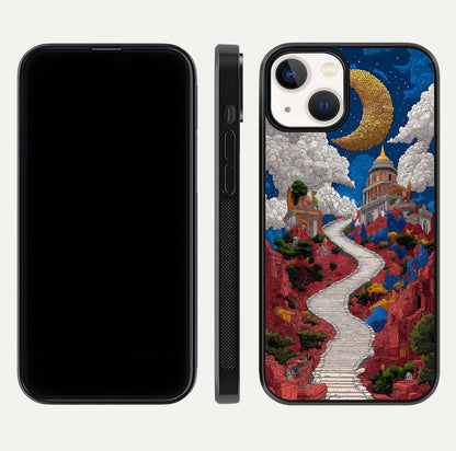 Heavenly Moon Path Glass Case for iPhone 13 Mini front and back view layout displaying night sky tones and curved glass edges