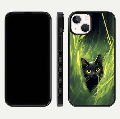 Hidden Cat Whisper Glass Case for iPhone 13 Mini front and back view layout highlighting minimalist art and curved edges