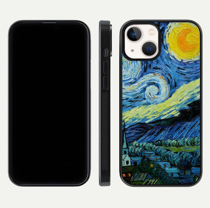 Inspired Van Gogh Art Glass Case for iPhone 13 Mini front and back view layout displaying vivid color tones and curved glass edges