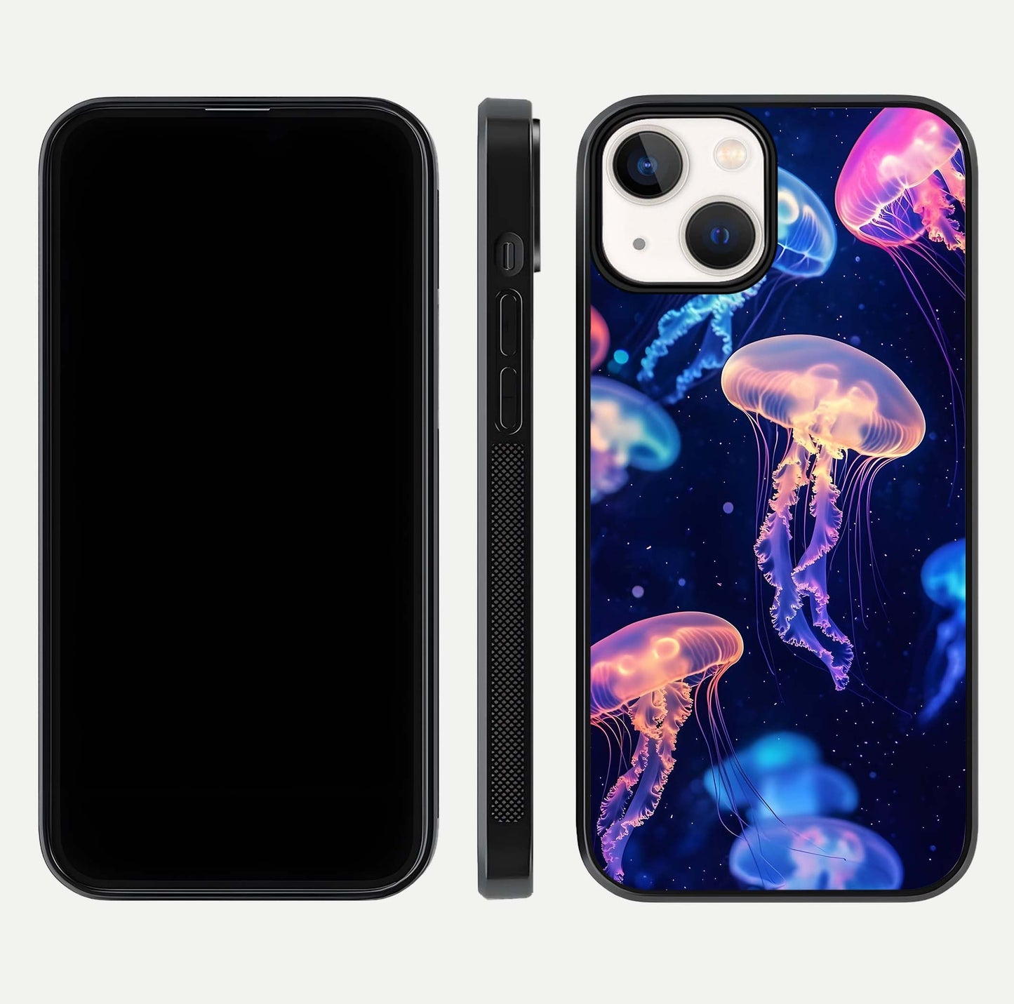 Jellyfish Pattern Glass Case for iPhone 13 Mini front and back view layout highlighting aquatic tones and curved edges