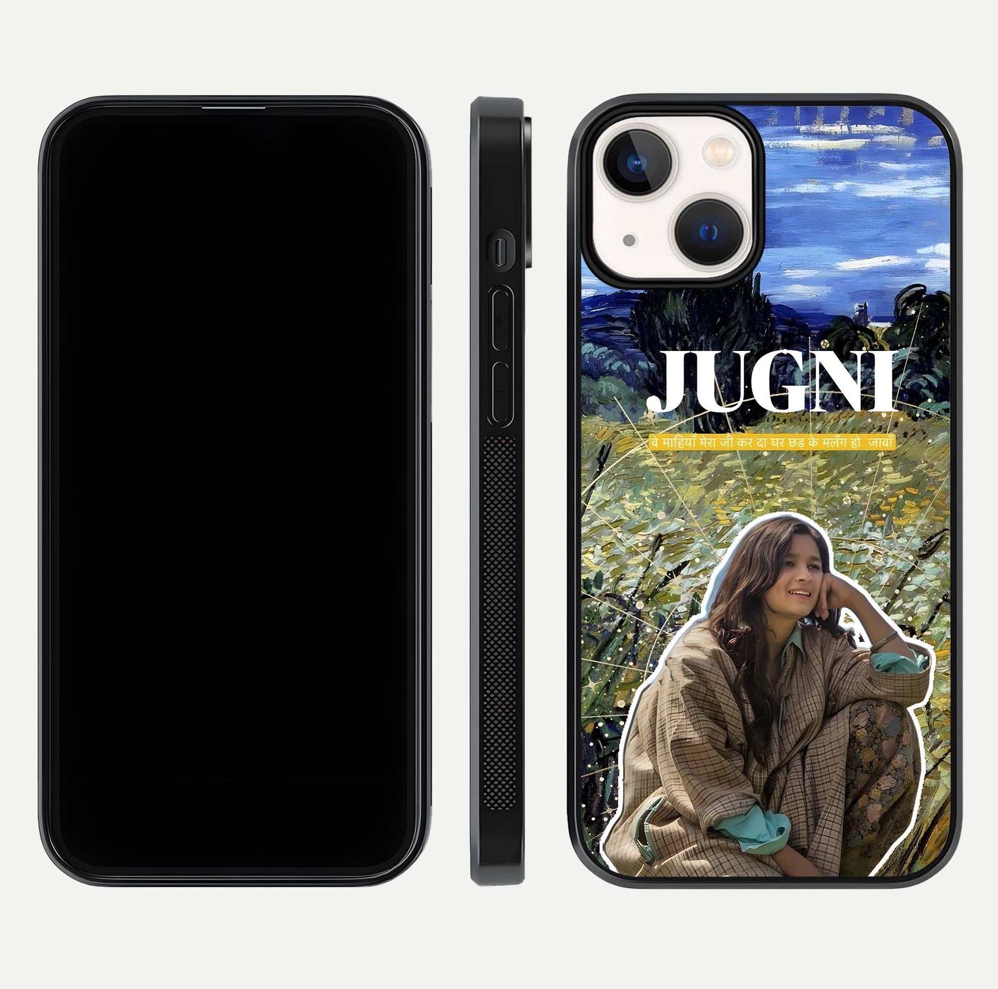 Jugni Soul Vibes Glass Case for iPhone 13 Mini front and back view layout highlighting desi art and curved glass edges