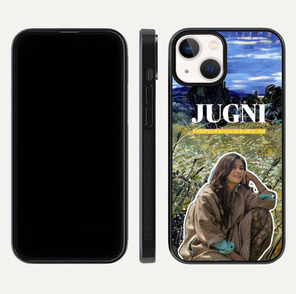 Jugni Soul Vibes Glass Case for iPhone 13 Mini front and back view layout highlighting desi art and curved glass edges