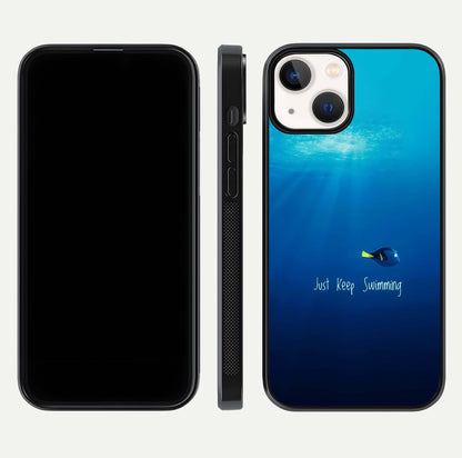 Just Keep Swimming Glass Case for iPhone 13 Mini front and back view layout with smooth glass edges and HD text clarity