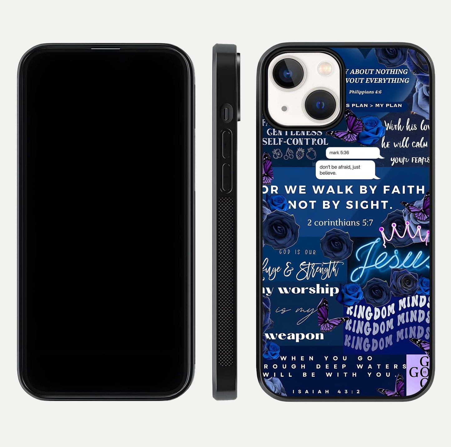 Kingdom Faith Glow Glass Case for iPhone 13 Mini front and back view layout highlighting radiant spiritual design