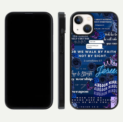 Kingdom Faith Glow Glass Case for iPhone 13 Mini front and back view layout highlighting radiant spiritual design