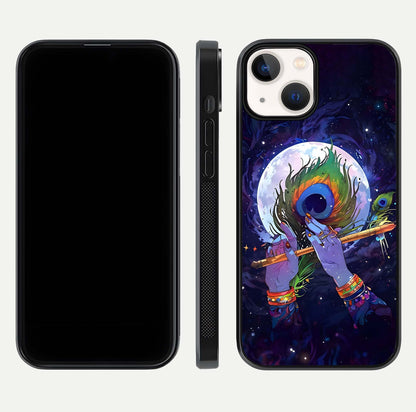 Krishna Hands Art Glass Case for iPhone 13 Mini front and back view layout displaying soft edges and spiritual tones