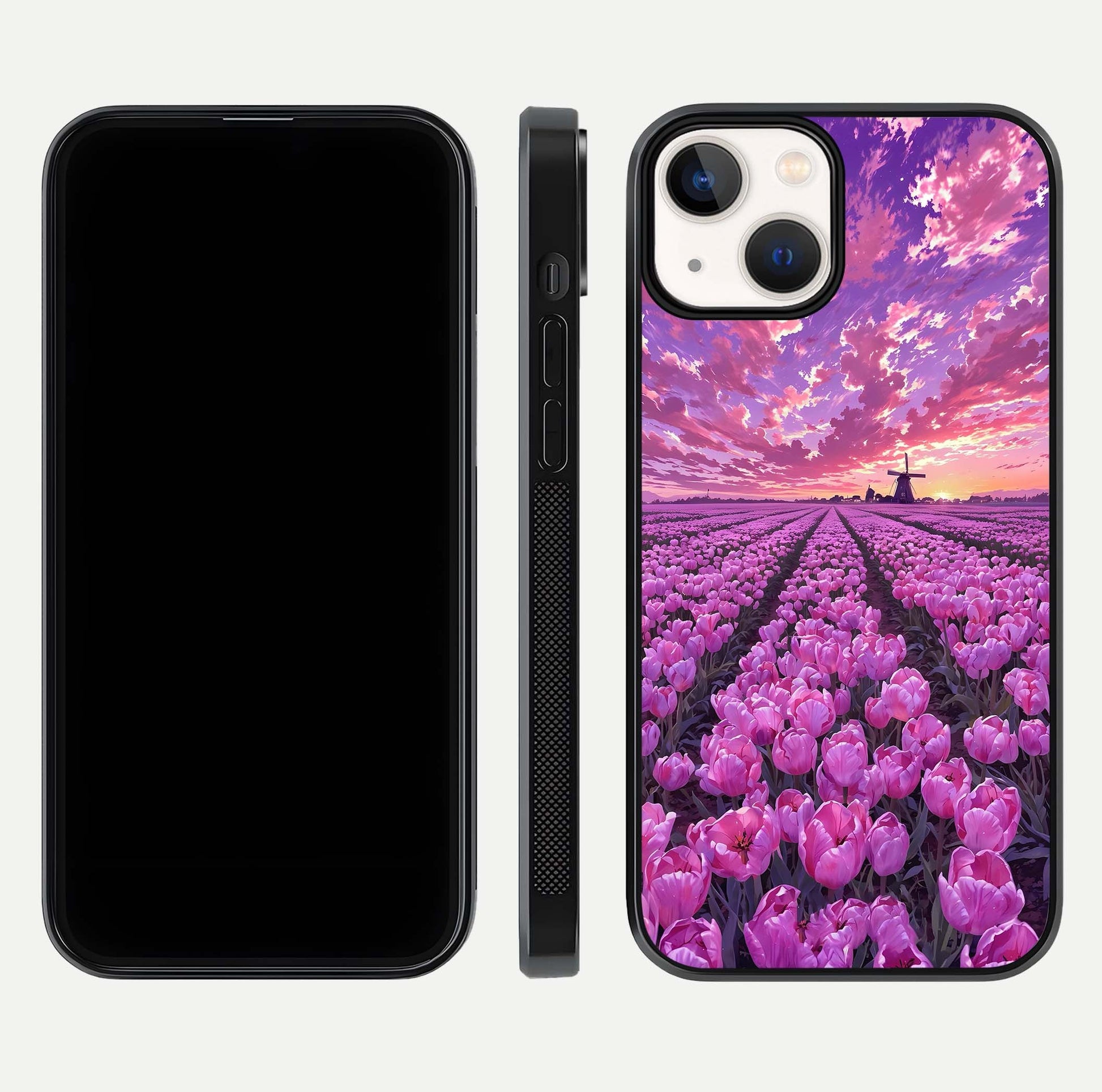 Lavender Dream Skies Glass Case for iPhone 13 Mini front and back view layout highlighting dreamy sky gradient
