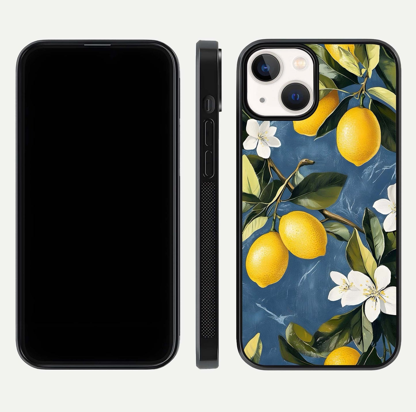 Lemon Dream Garden Glass Case for iPhone 13 Mini front and back view layout highlighting garden tones and edges