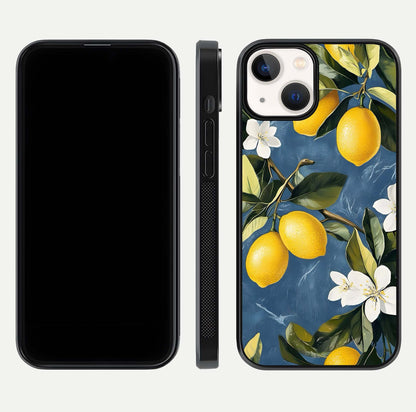 Lemon Dream Garden Glass Case for iPhone 13 Mini front and back view layout highlighting garden tones and edges