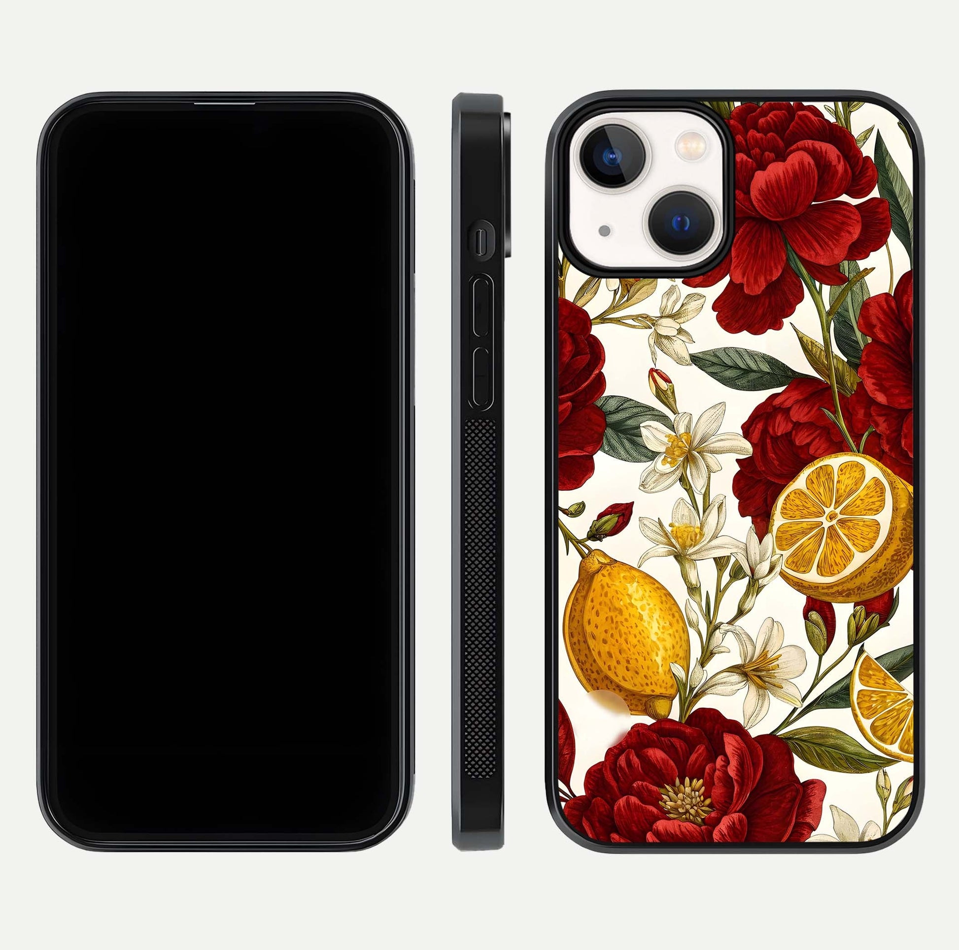 Lemon Rose Charm Glass Case for iPhone 13 Mini front & back layout highlighting soft yellow tones and curved edges