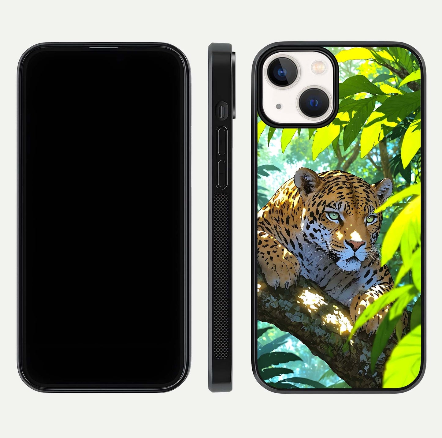 Leopard in Jungle Glass Case for iPhone 13 Mini front & back layout with premium edge detailing and vivid jungle art