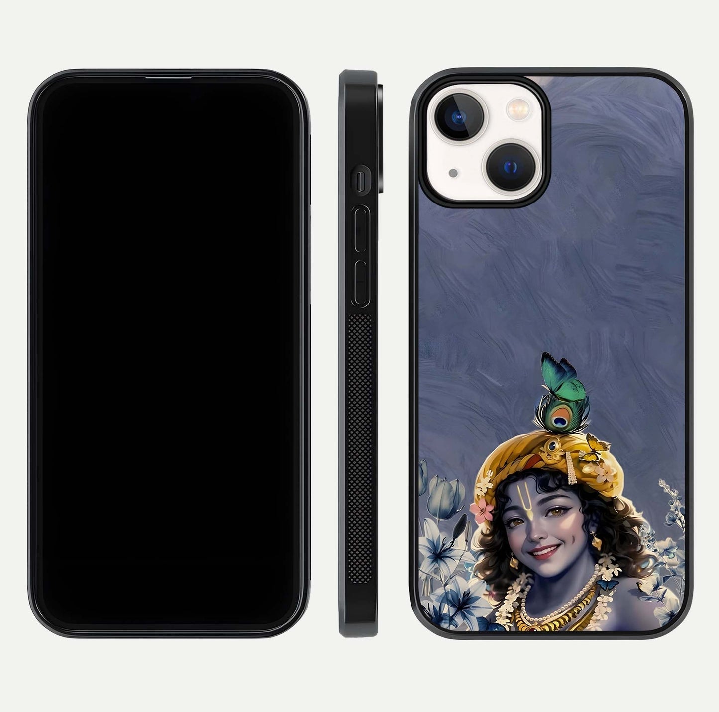 Lord Krishna Glass Case for iPhone 13 Mini front & back layout displaying soft tones and elegant edges