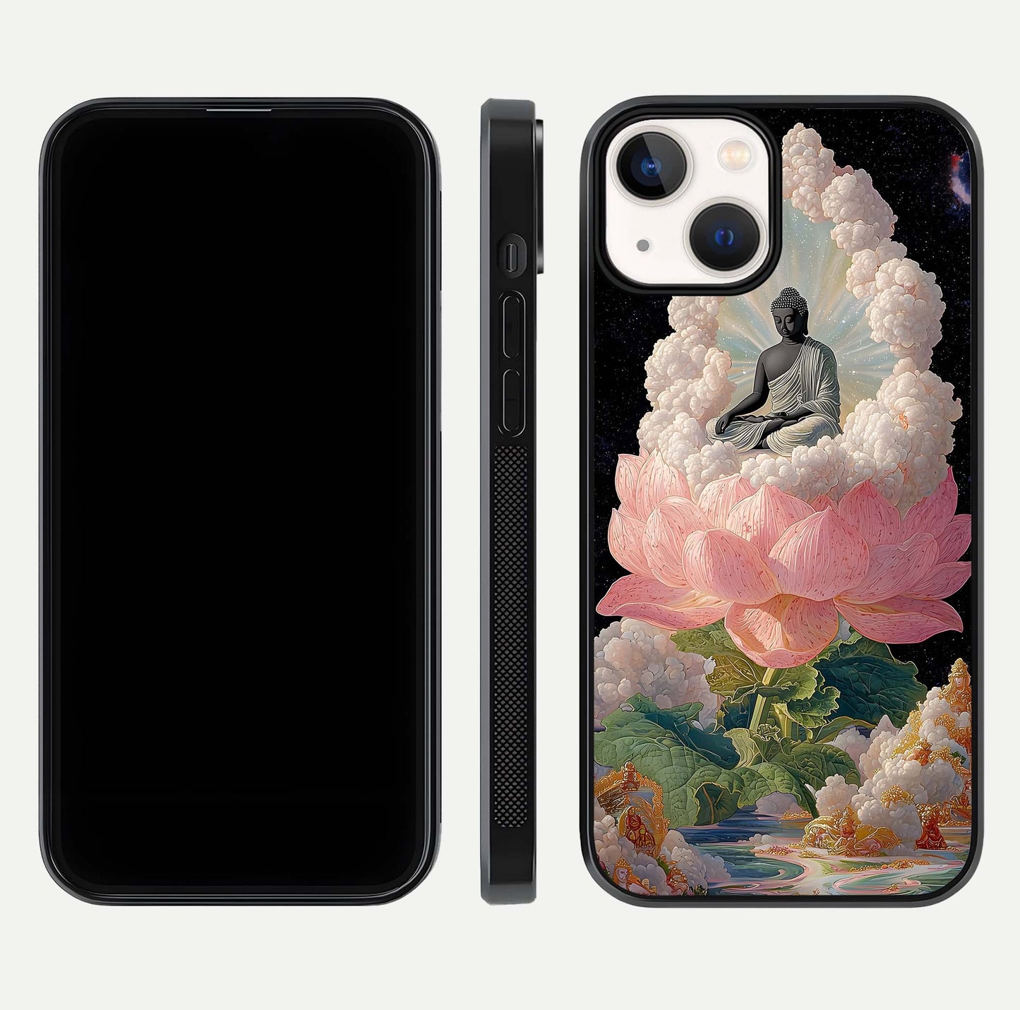 Lotus Divine Peace Glass Case for iPhone 13 Mini front & back layout highlighting soft pink hues and curved edges