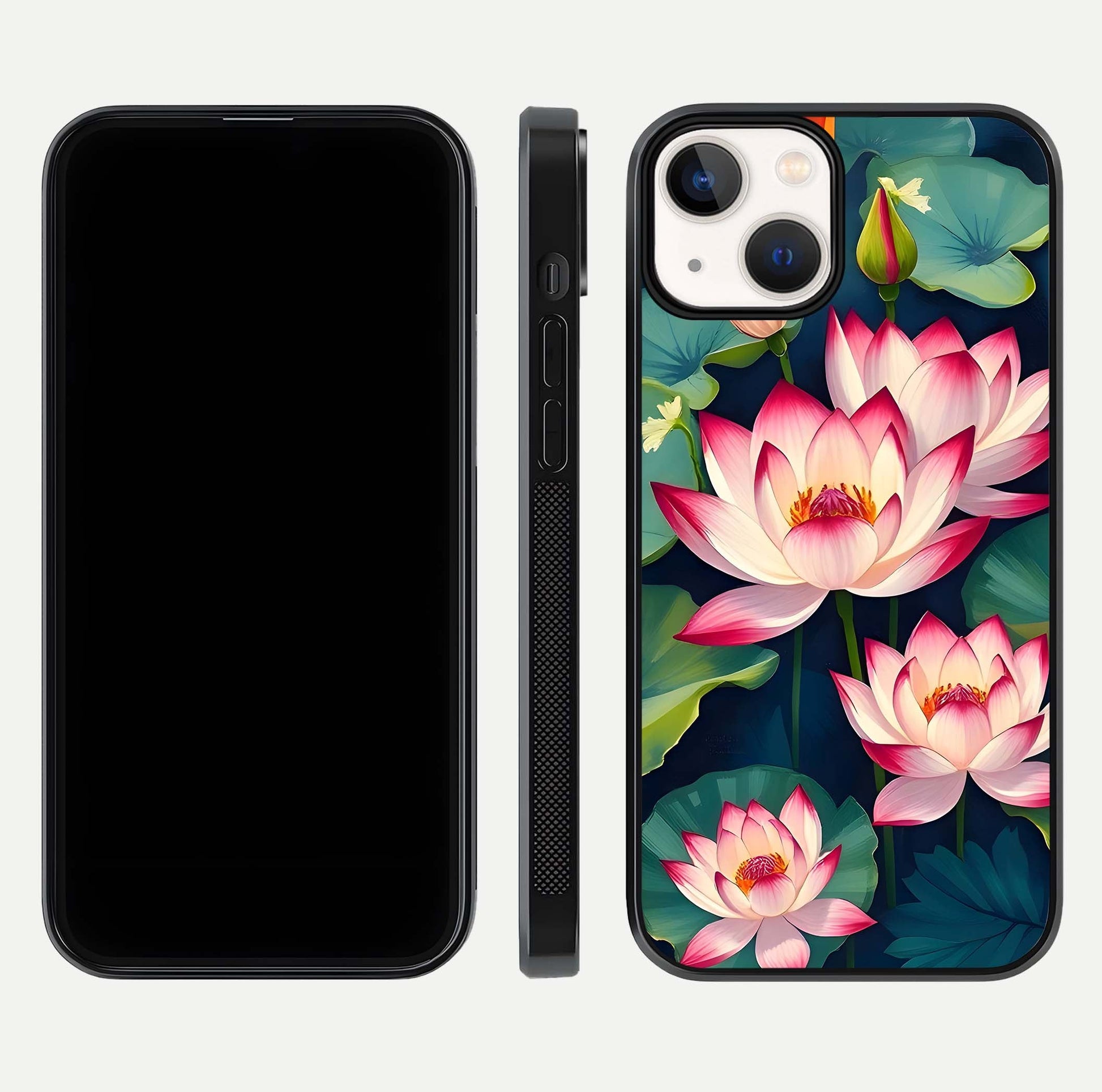 Lotus Dream Serenity Glass Case for iPhone 13 Mini front & back layout with elegant finish and edge curve