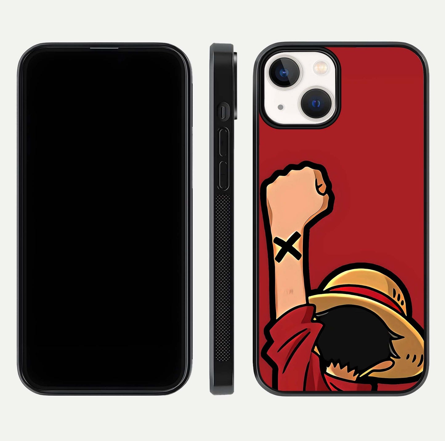 Luffy X Spirit Glass Case for iPhone 13 Mini front & back layout displaying anime theme and curved edges