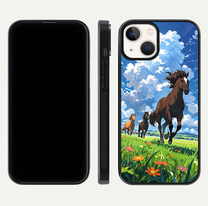 Majestic Horses Galloping Glass Case for iPhone 13 Mini front & back layout highlighting dynamic design and edges