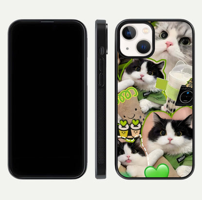 Matcha Cats Mood Glass Case for iPhone 13 Mini front & back layout highlighting cute theme and smooth edges