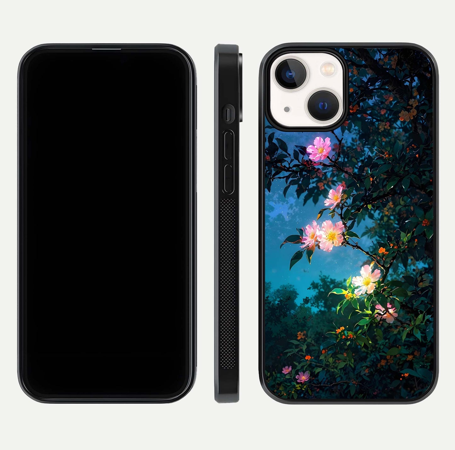 Midnight Bloom Glow Glass Case for iPhone 13 Mini front & back layout highlighting moody tones and smooth finish