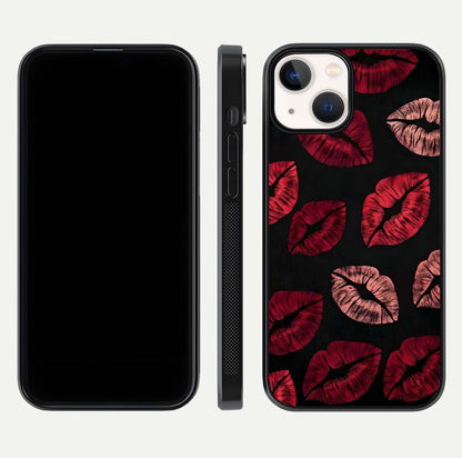 Midnight Kiss Love Glass Case for iPhone 13 Mini front & back view layout showing romantic theme and smooth curves