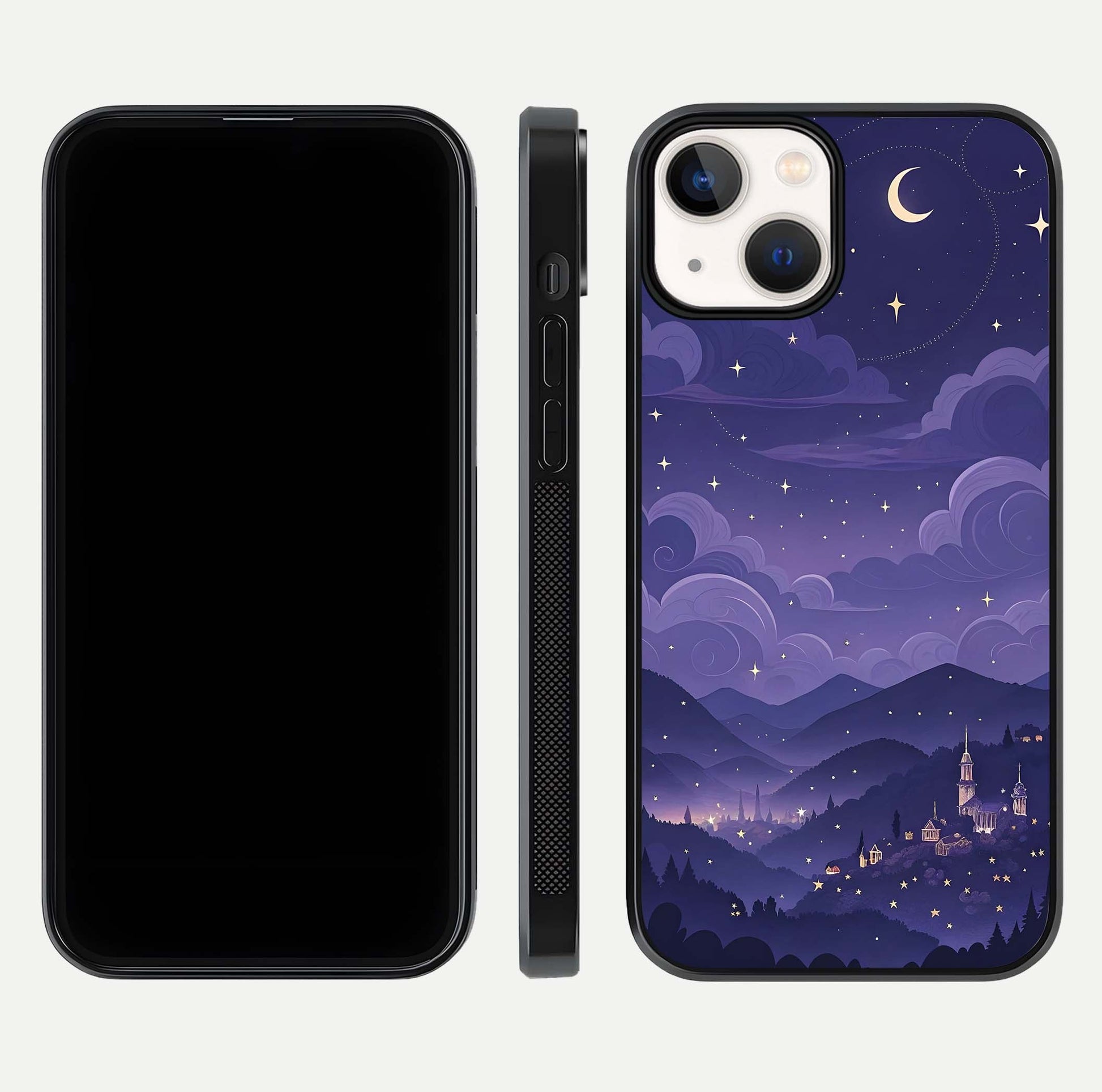 Minimal Night View Glass Case for iPhone 13 Mini front & back layout highlighting minimal night vibe and curves