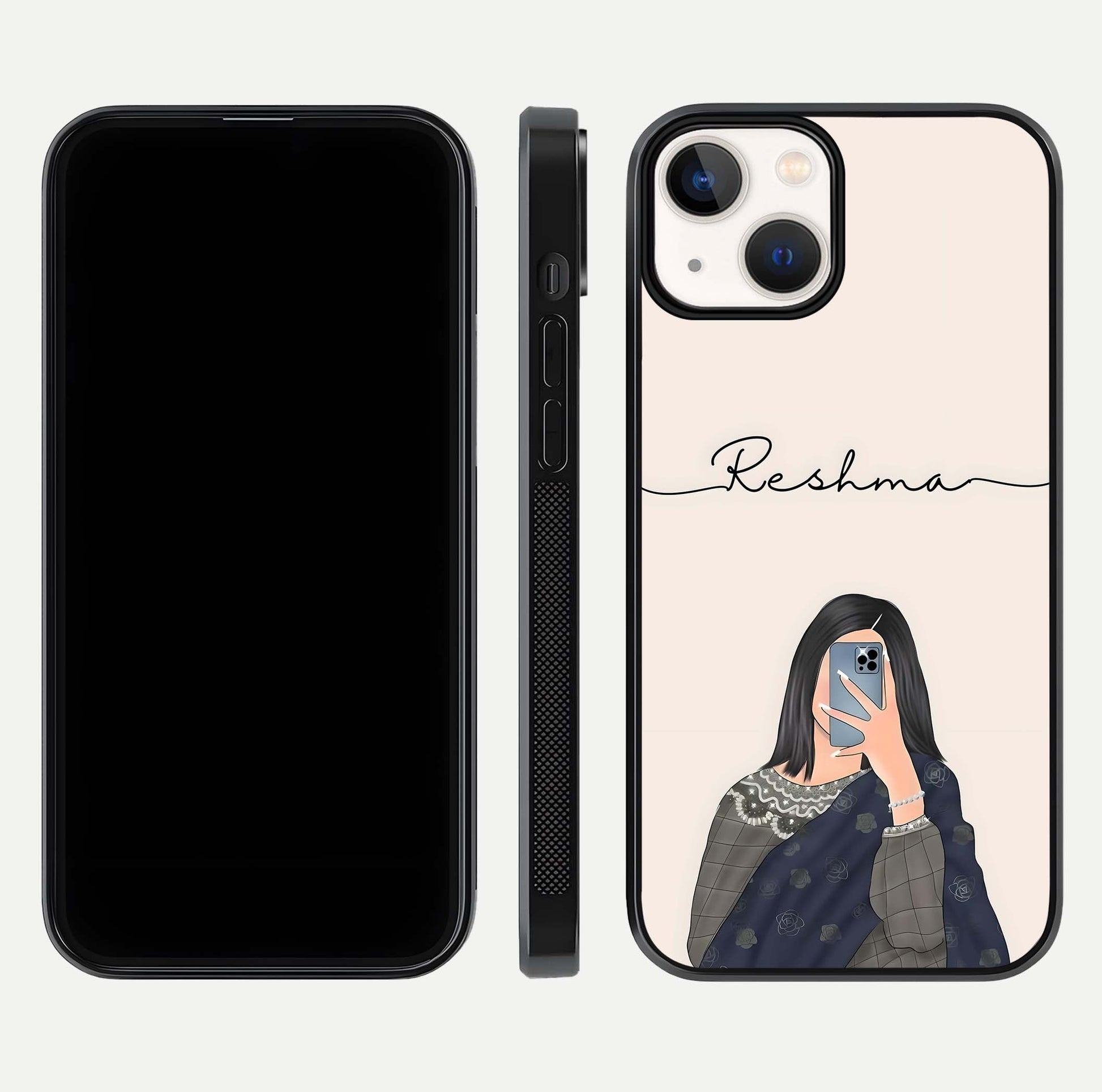 Mirror Mood Muse Custom Name Glass Case for iPhone 13 Mini front & back layout showing personalized name placement