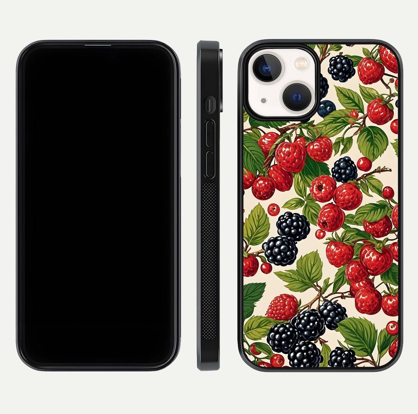 Mixed Berry Collage Glass Case for iPhone 13 Mini front & back layout highlighting colorful art and curved edges