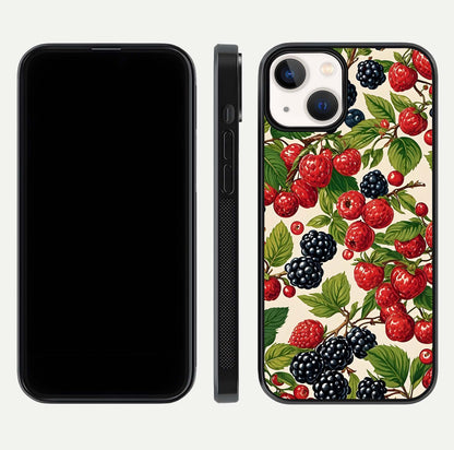 Mixed Berry Collage Glass Case for iPhone 13 Mini front & back layout highlighting colorful art and curved edges