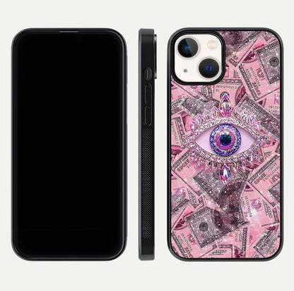 Money Eye Luxe Glass Case for iPhone 13 Mini front & back layout highlighting luxury edge design and bold art