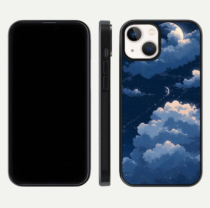 Moon Dream Haze Glass Case for iPhone 13 Mini front & back layout highlighting dreamy design and curved shape