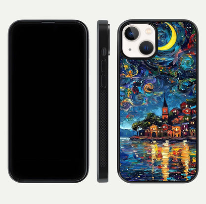 Moonlight Harbor Glow Glass Case for iPhone 13 Mini front & back layout highlighting calm harbor tones