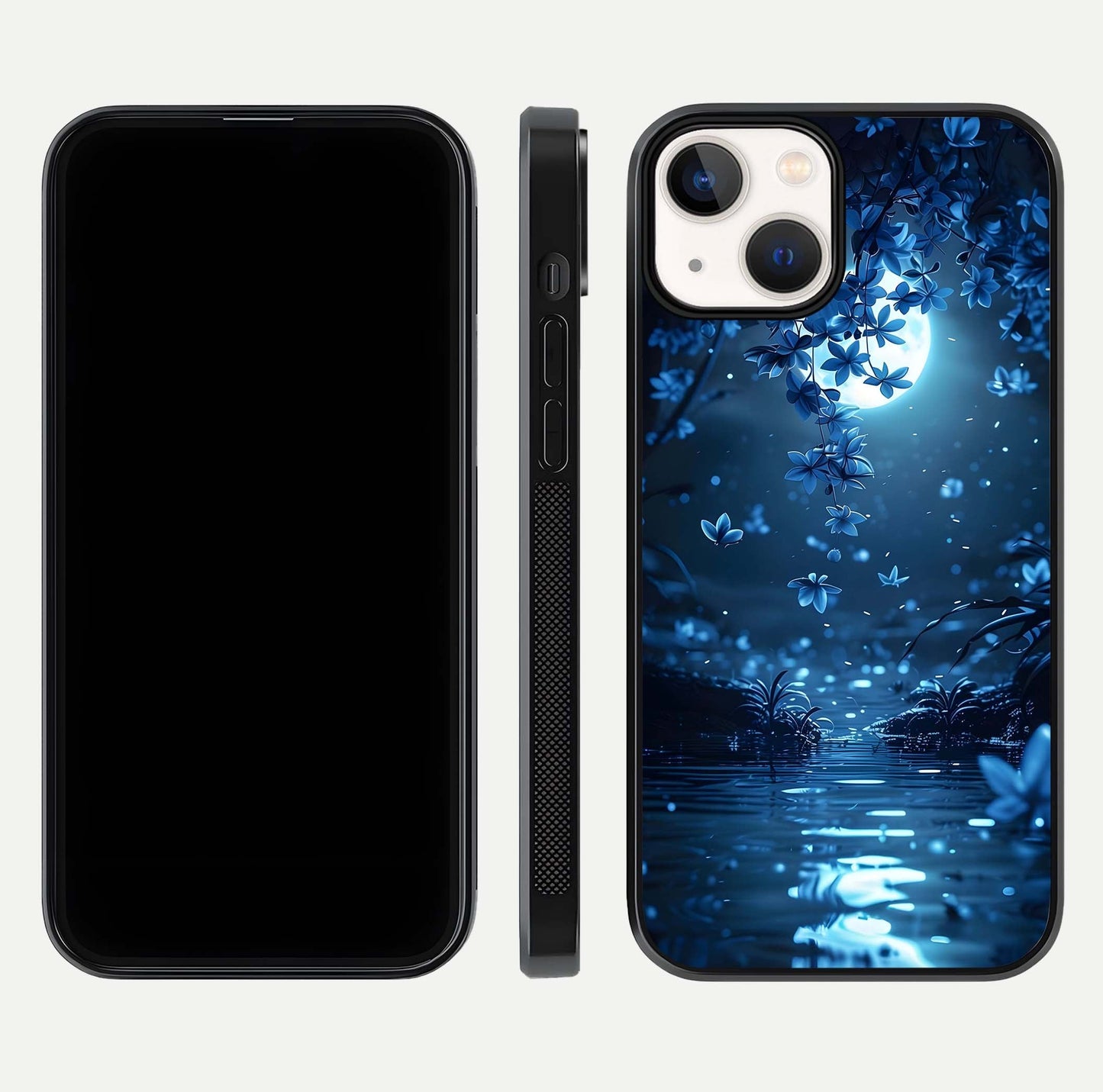 Moonlight Petal Dream Glass Case for iPhone 13 Mini front & back layout highlighting soft pastel tones