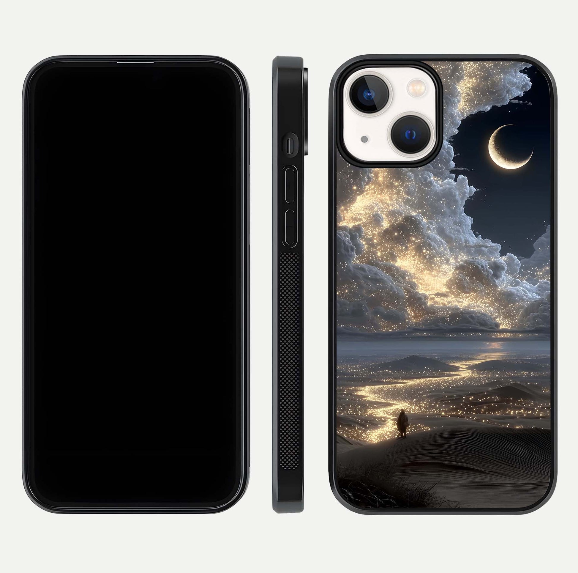 Moonlight Spark Path Glass Case for iPhone 13 Mini front & back layout highlighting calm tones and sleek edges