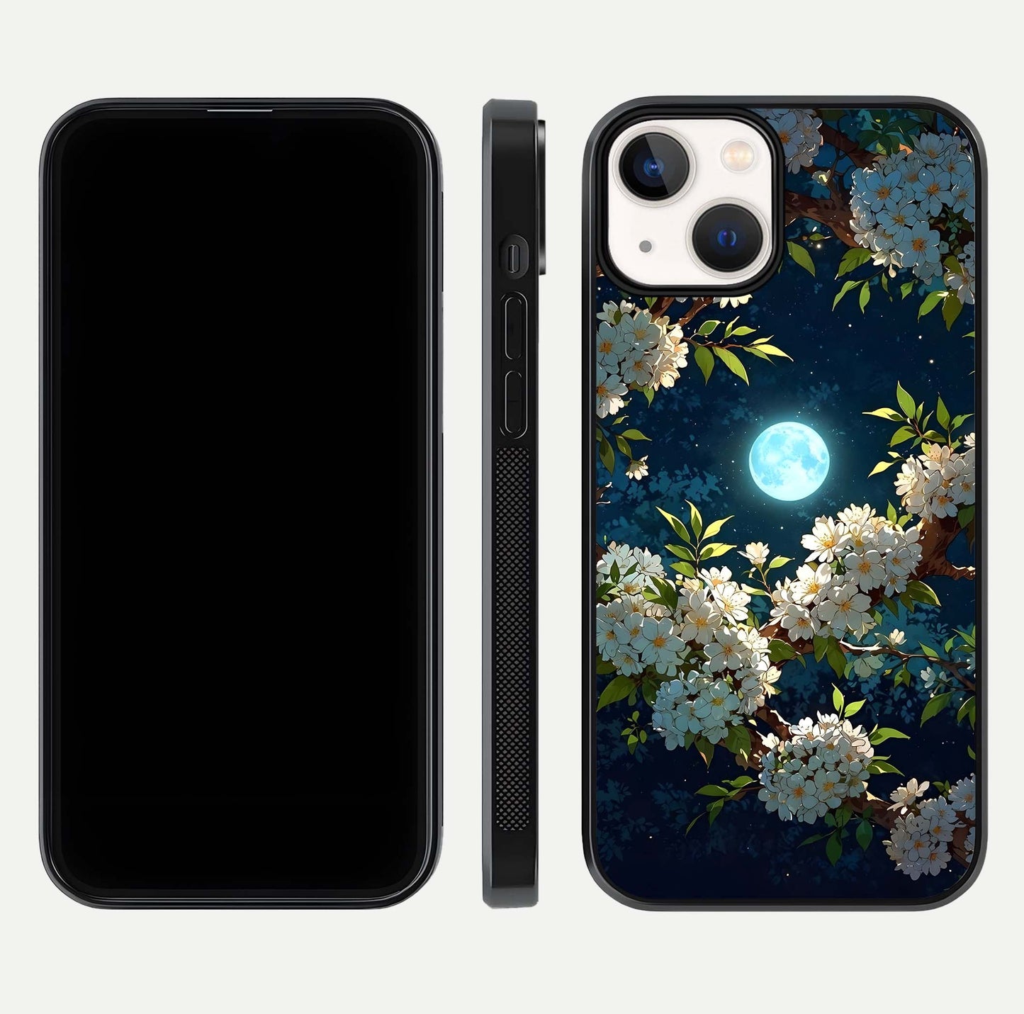 Moonlit Blossom Dream Glass Case for iPhone 13 Mini front & back layout highlighting moonlit tones and edges