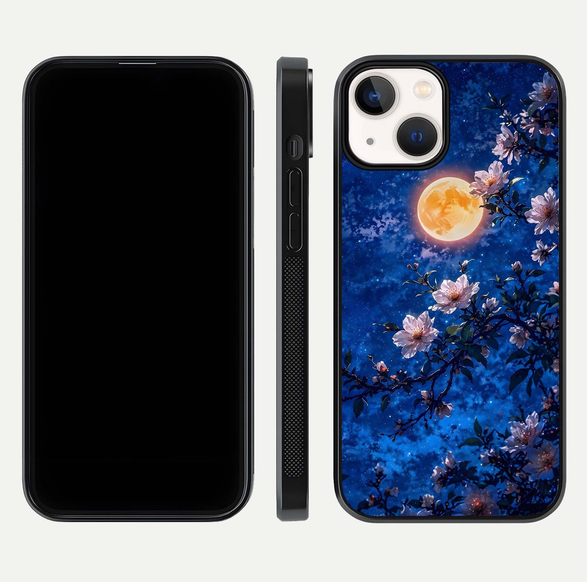 Moonlit Blossoms Night Glass Case for iPhone 13 Mini front & back layout highlighting moonlit tones and curved edges