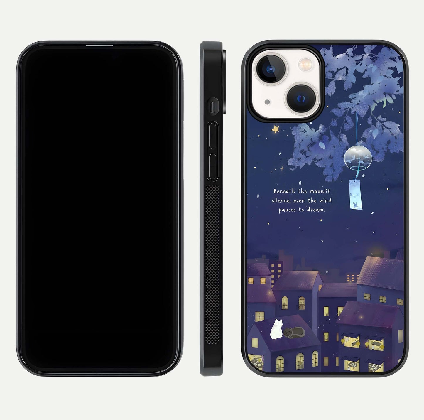 Moonlit Cat Silence Glass Case for iPhone 13 Mini front & back layout highlighting calm tones and edge detail
